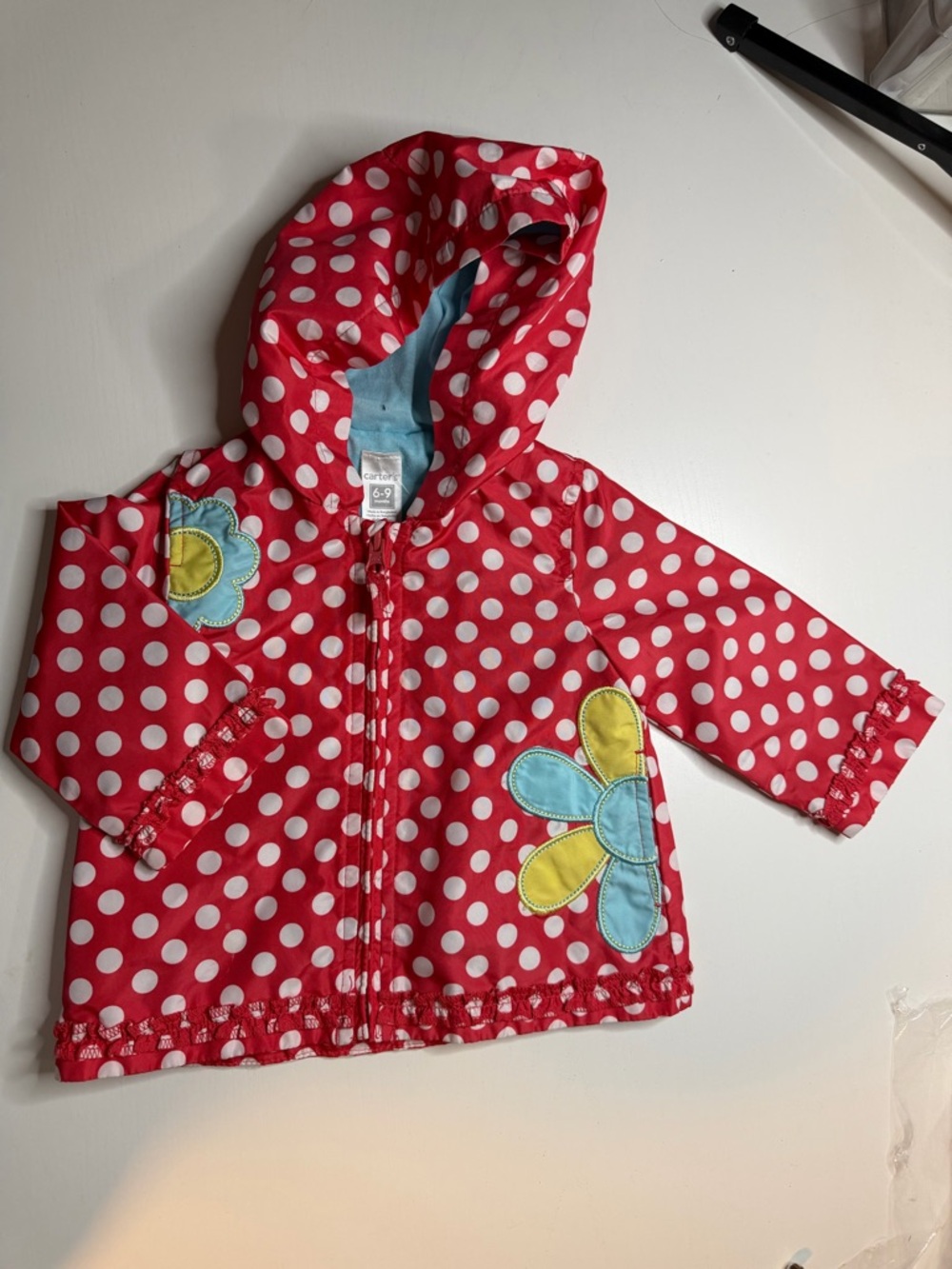 Carters Baby Girls Red Polka Dot Floral Hooded Rain Jacket Size 6-9 Months